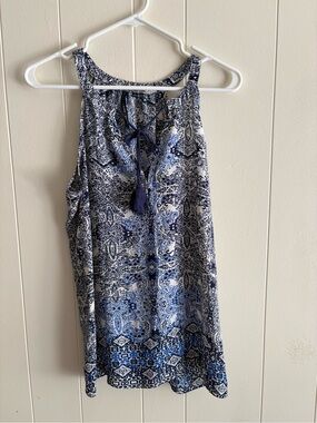 Nine Four One Blue & White Printed Tie Neck Blouse